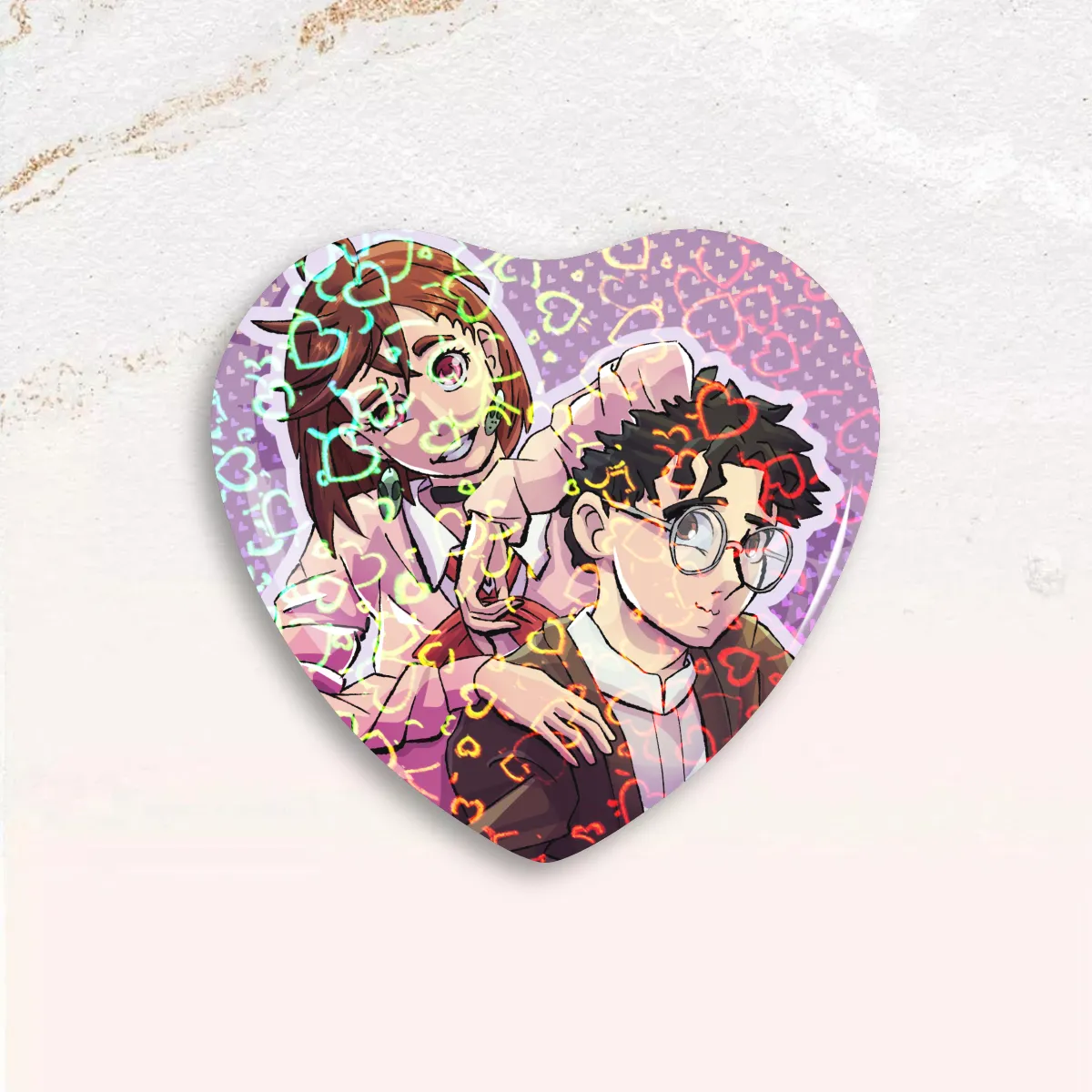 Dandadan Momo and Okarun Heart Shape Button