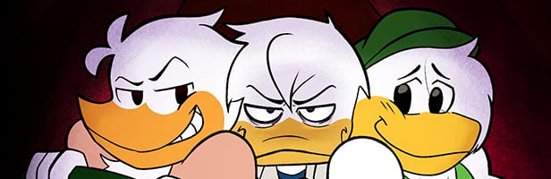 Huey and Louie crowding Dewey.