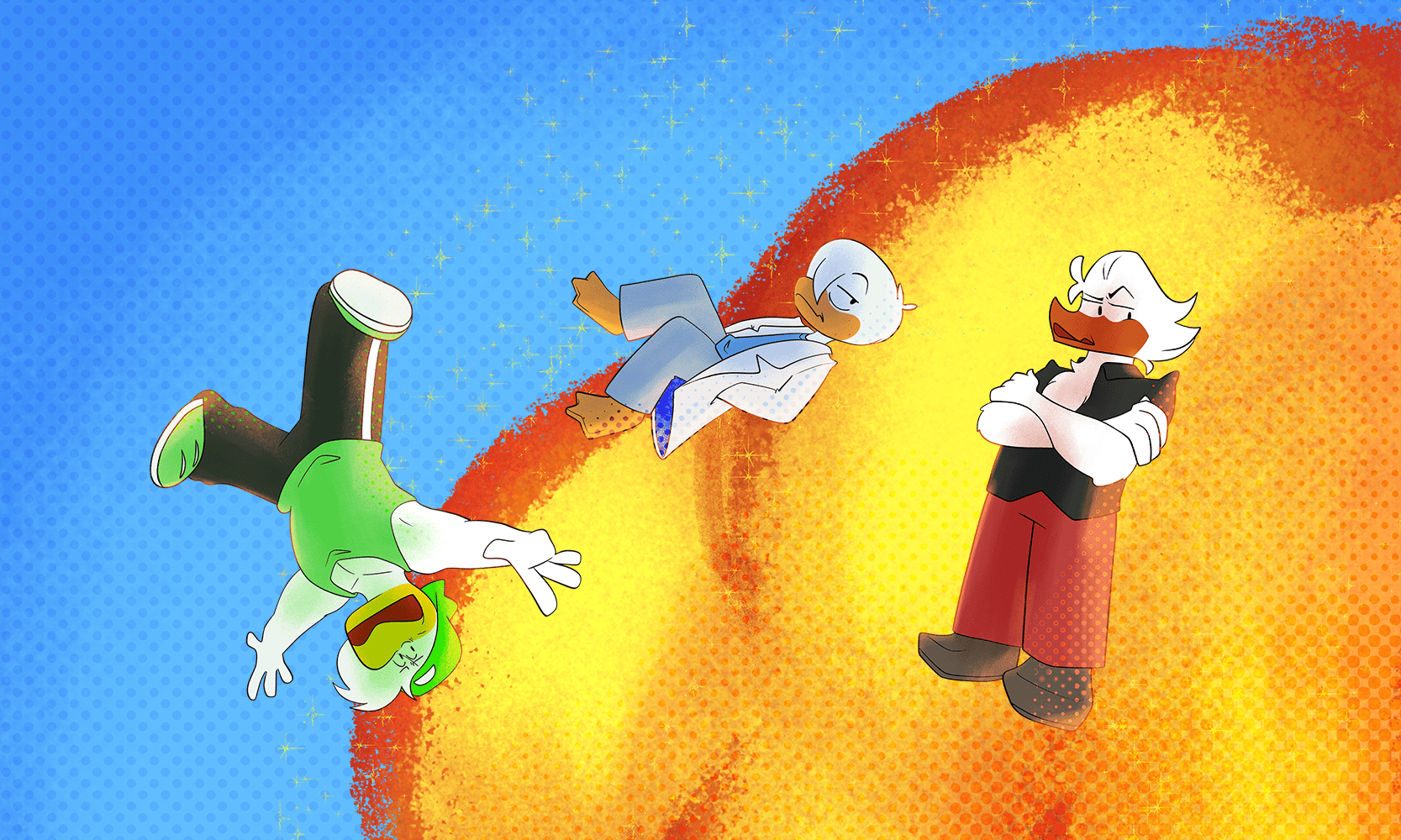 Huey, Dewey, and Louie being exploded into the air very cartoonishly.