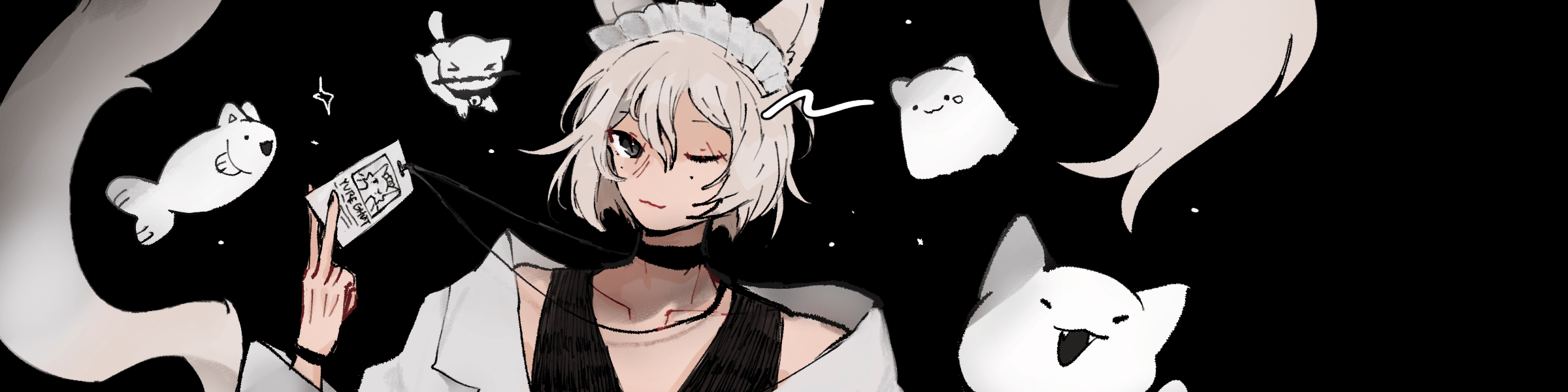 Image of human art of Yure (an androgynous character with off white hair). Surrounding them, are four white ghost cats Pipo, Miso, Tuna, and Kirunya