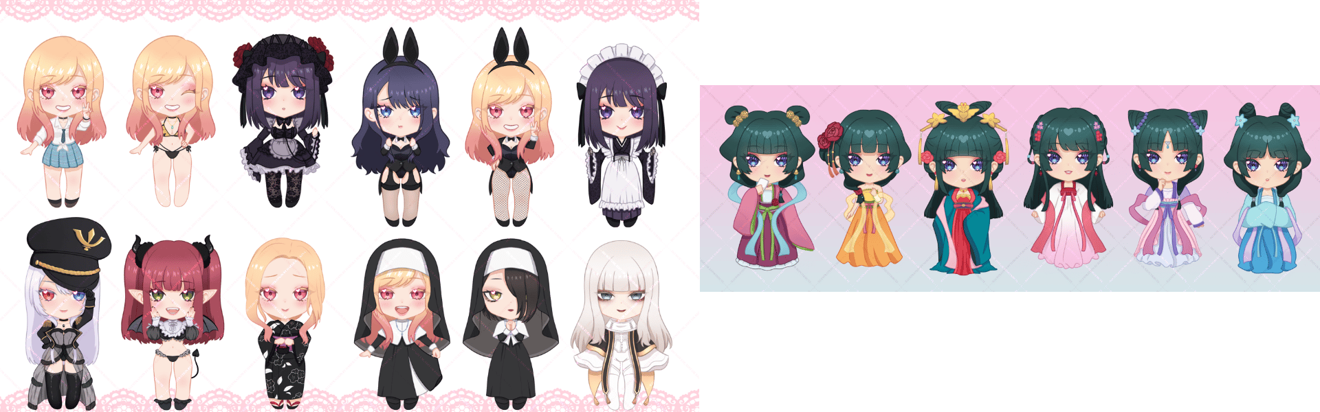different keychain designs of Marin (12 designs) and Maomao (6 designs)