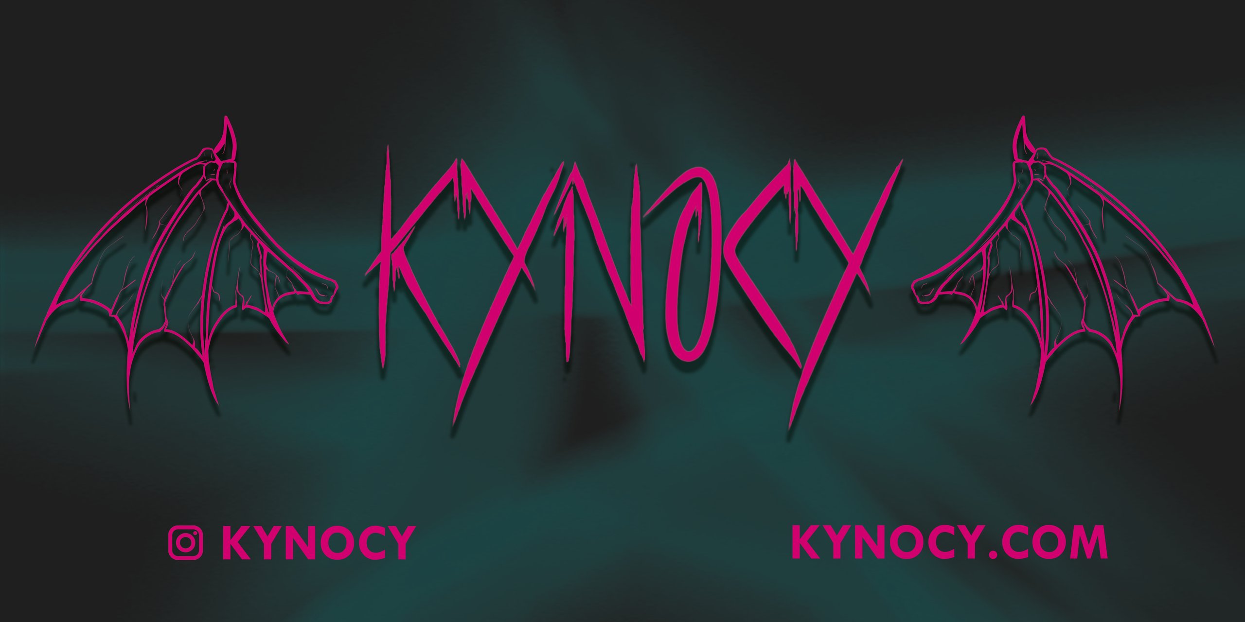 Banner with the artists logo and name. The name kynocy with two bat or dragon wings. Text is bright pink on dark turqouise and black background