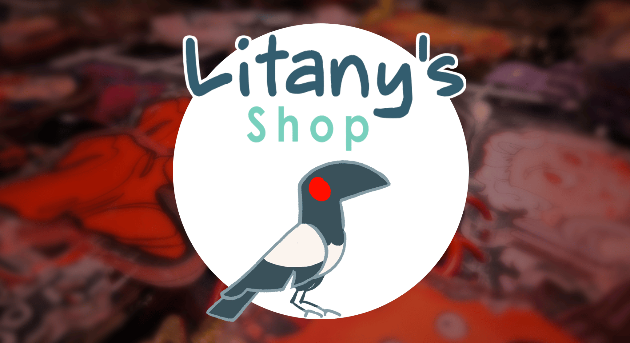 Litany's Shop logo on a background of keychains available in the store