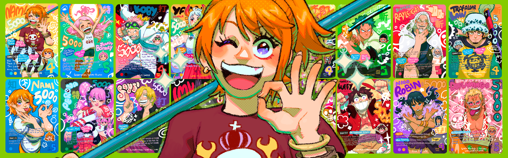 Nami smiling with one piece tcg cards in the background