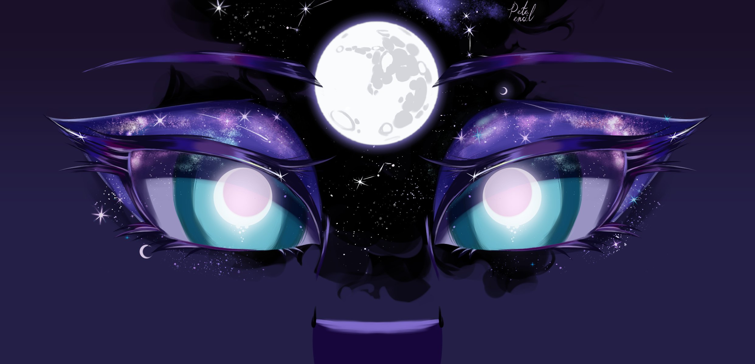 A pair of large, galactic eyes with the moons as their pupils. The Mare in the Moon is nestled in the middle just in the middle with a dark, mini galaxy surrounding it. The eyes' gaze is both calm and deep.