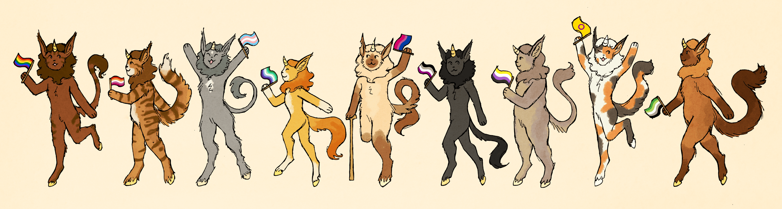 Drawing of nine unicorn people of different color fur and fluffiness levels happily walking together holding pride flags.