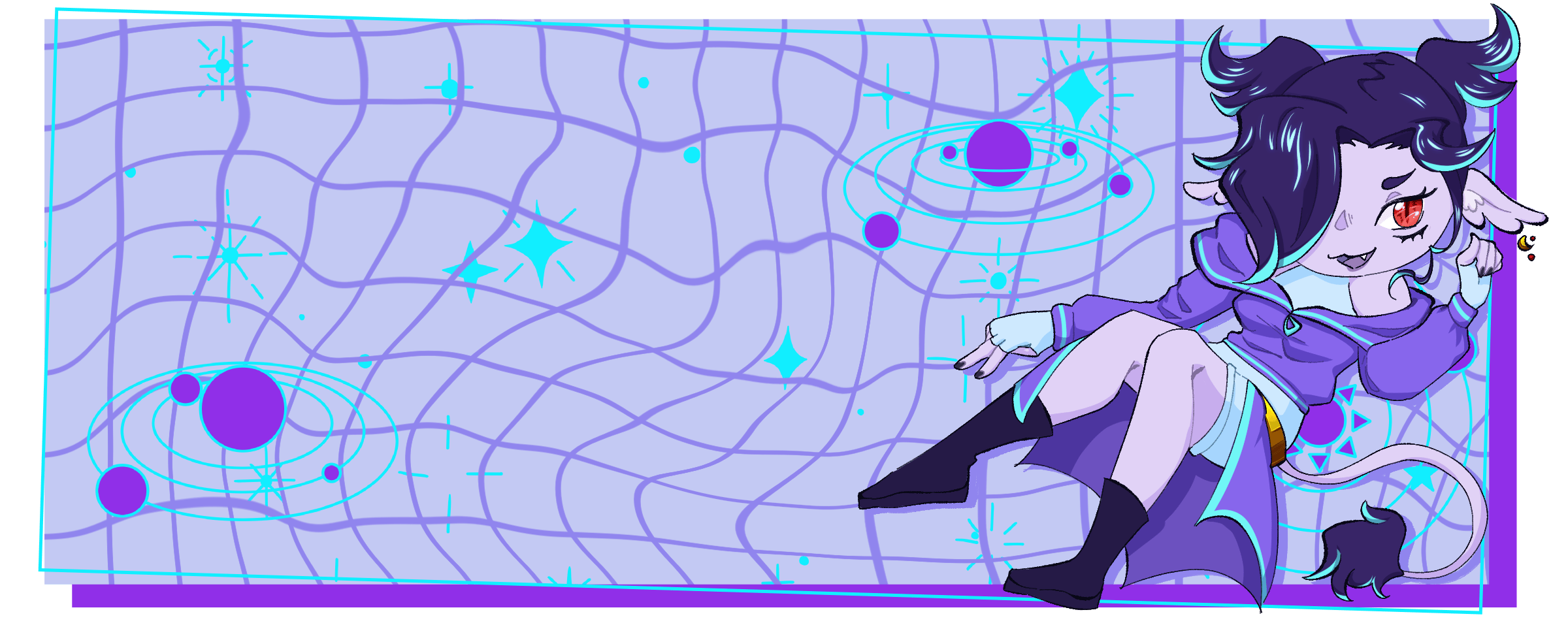 Banner with a retro aesthetic with a purple and cyan colour scheme. A purple alien girl with a tail sits on the right side of the banner with a cute expression.