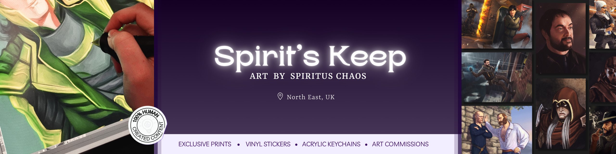 Banner for Spirit's Keep art shop, showcasing a few realistic fanart portraits and a photo of an artist hand-drawing an illustration on a digital drawing tablet. The art is painted by Spiritus Chaos, who is located in the North East, UK. The shop offers exclusive prints, vinyl stickers, acrylic keychains and art commissions.  Every bit of content is 100% created by a human, no generative AI is used at any point.