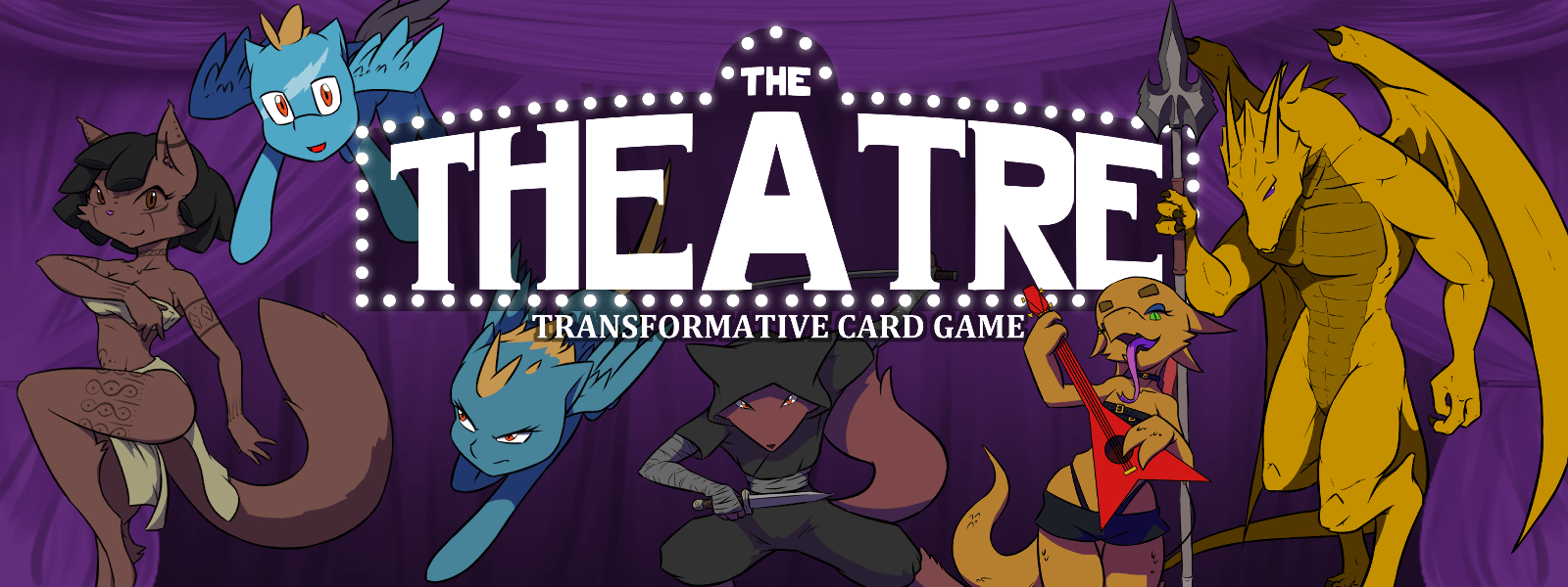 A banner with The Theatre Transformative Card Game logo featuring several anthropomorphic characters from the game.