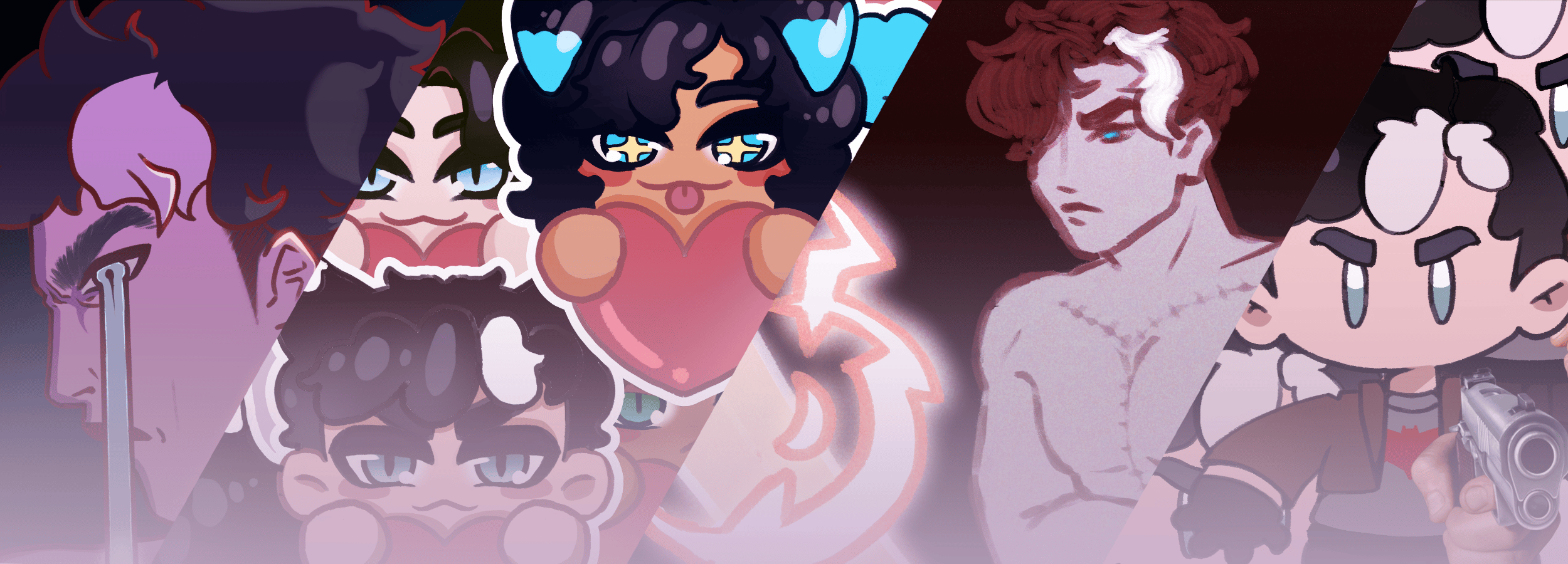 an image cut in four parts: first shows a crying man from profile; second is a collection of chibi people with animal ears holding hearts; third shows a shirtless wounded man with a determined expression; and fourth is a simple chibi with a gun png slapped on top.