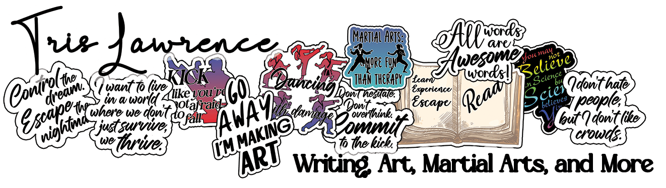 A collage of different sticker designs, with the name of the artist-Tris Lawrence-and the description: Writing, Art, Martial Arts, and More.