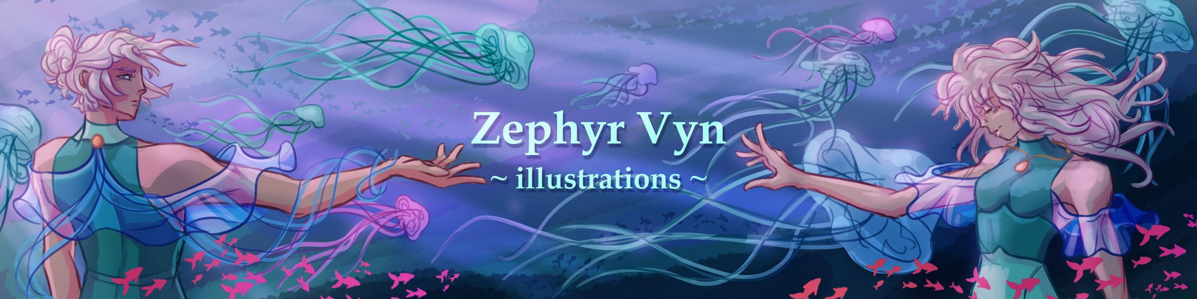 Illustration of two characters reaching towards each other in a dramatic pose, and between their hands are the words "Zephyr Vyn illustrations." All around them, colorful jellyfish and schools of small fishes drift around in a flowing, graceful manner. The characters are wearing jellyfish-inspired fantasy clothing, and the color scheme of the illustration is blue, purple, teal, and some pinks.