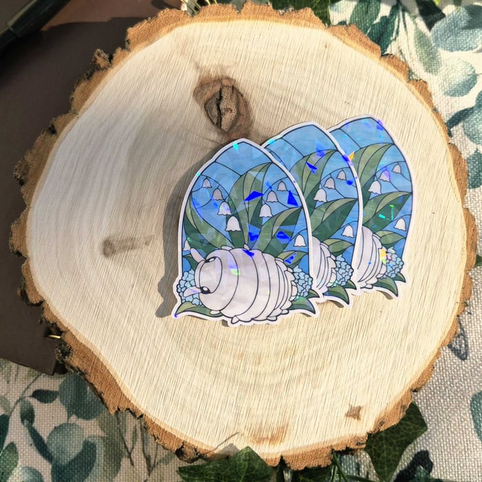 Lily of the Valley Stained Glass Isopod Transparent Holographic Sticker (x5)