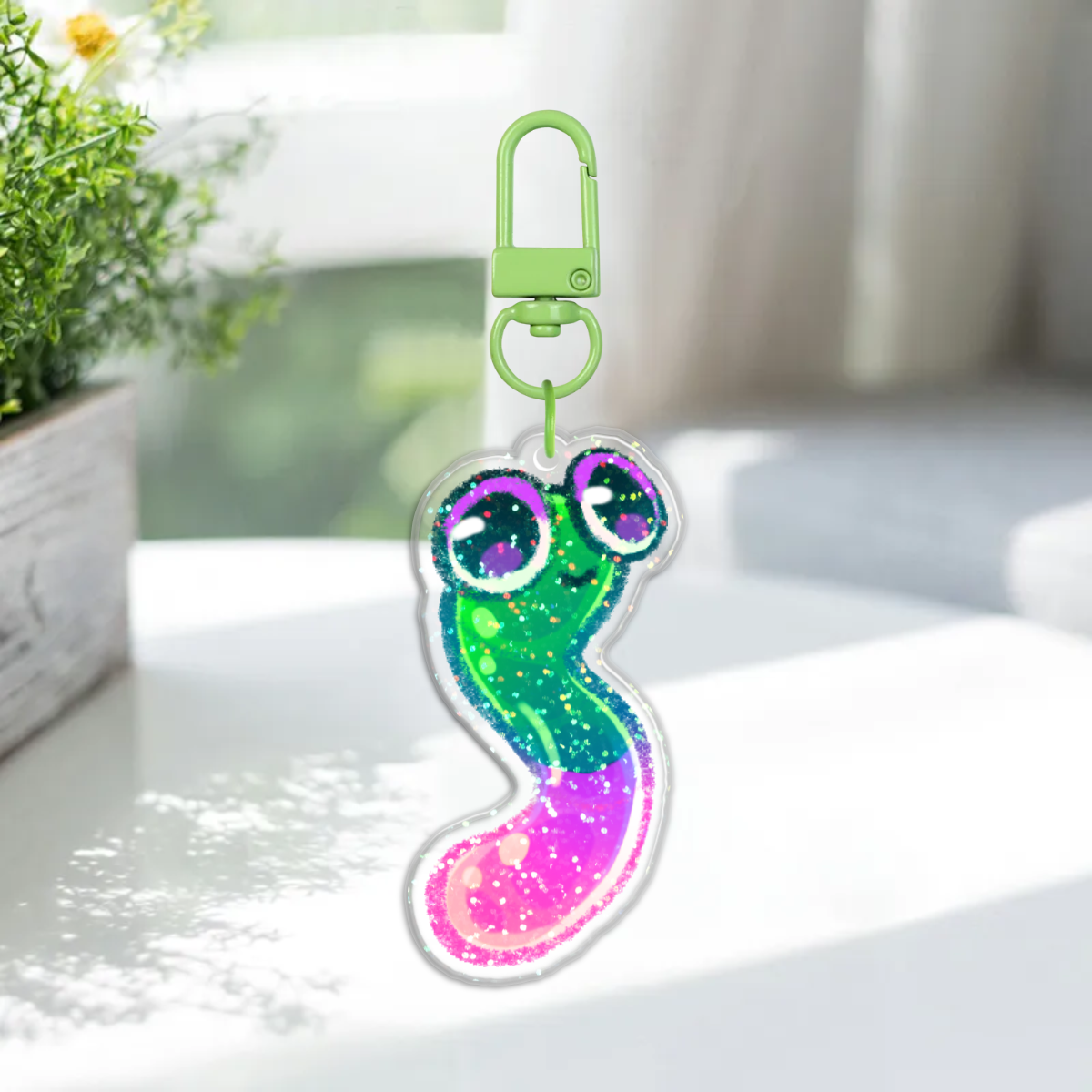 Green Apple and Pink Lemonade Gummi Worm Acrylic Keychain