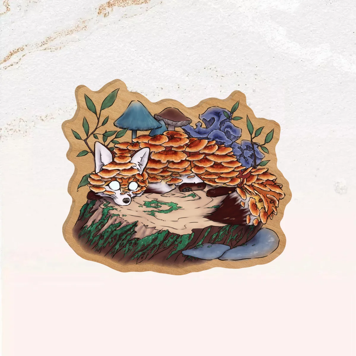 Reishi Mushroom Fox Natural Wooden Pin Badges