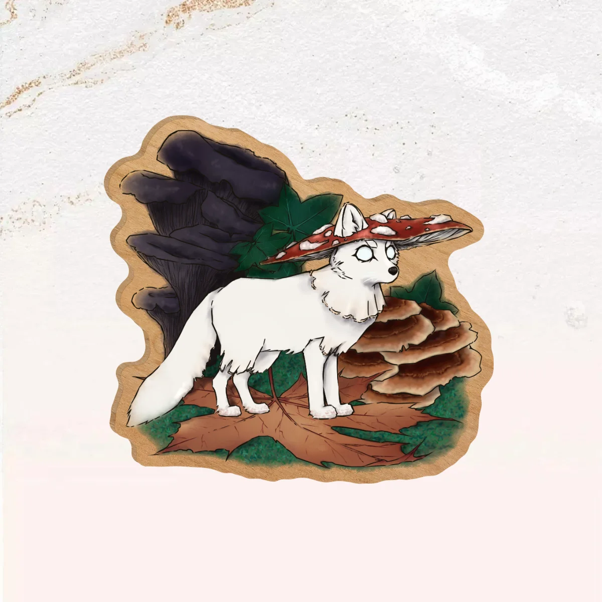 Amanita Muscaria Mushroom Fox Natural Wooden Pin Badges