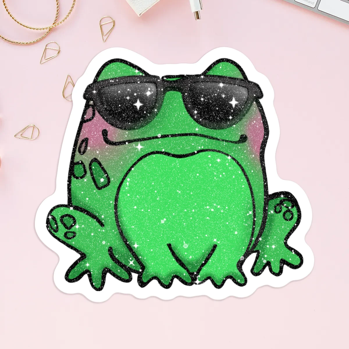 Cool Moss - Frog in Sunglasses Sand Glitter Frosted Stickers