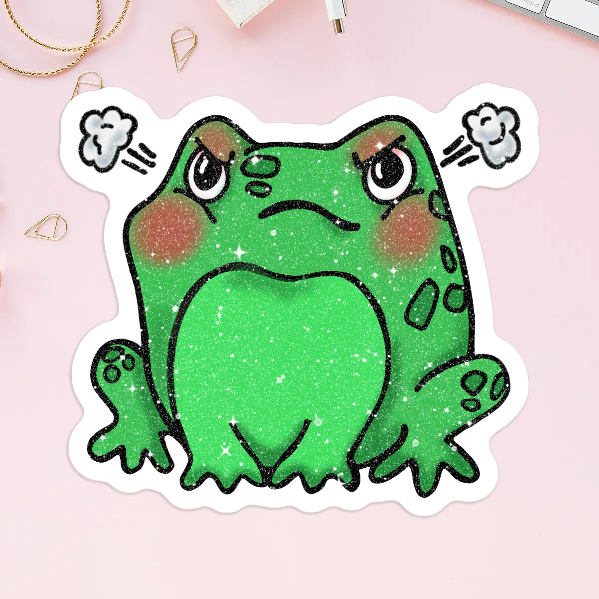 Angry Moss - Frog Emoji Sand Glitter Frosted Stickers