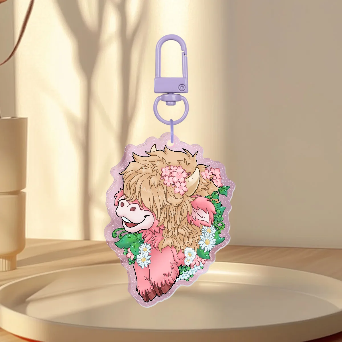 Sakura Cow Glitter Acrylic Keychain