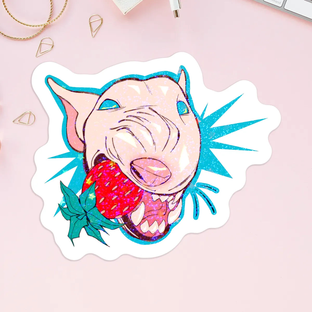 White Bull Terrier Strawberry Vinyl Holographic Stickers