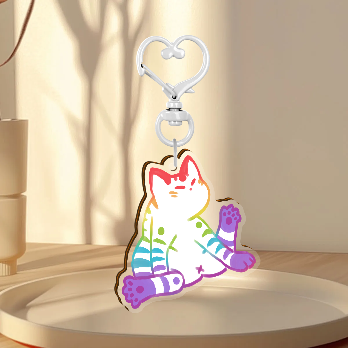 RAINBOW PRIDE LGBT CAT WOODEN KEYCHAIN