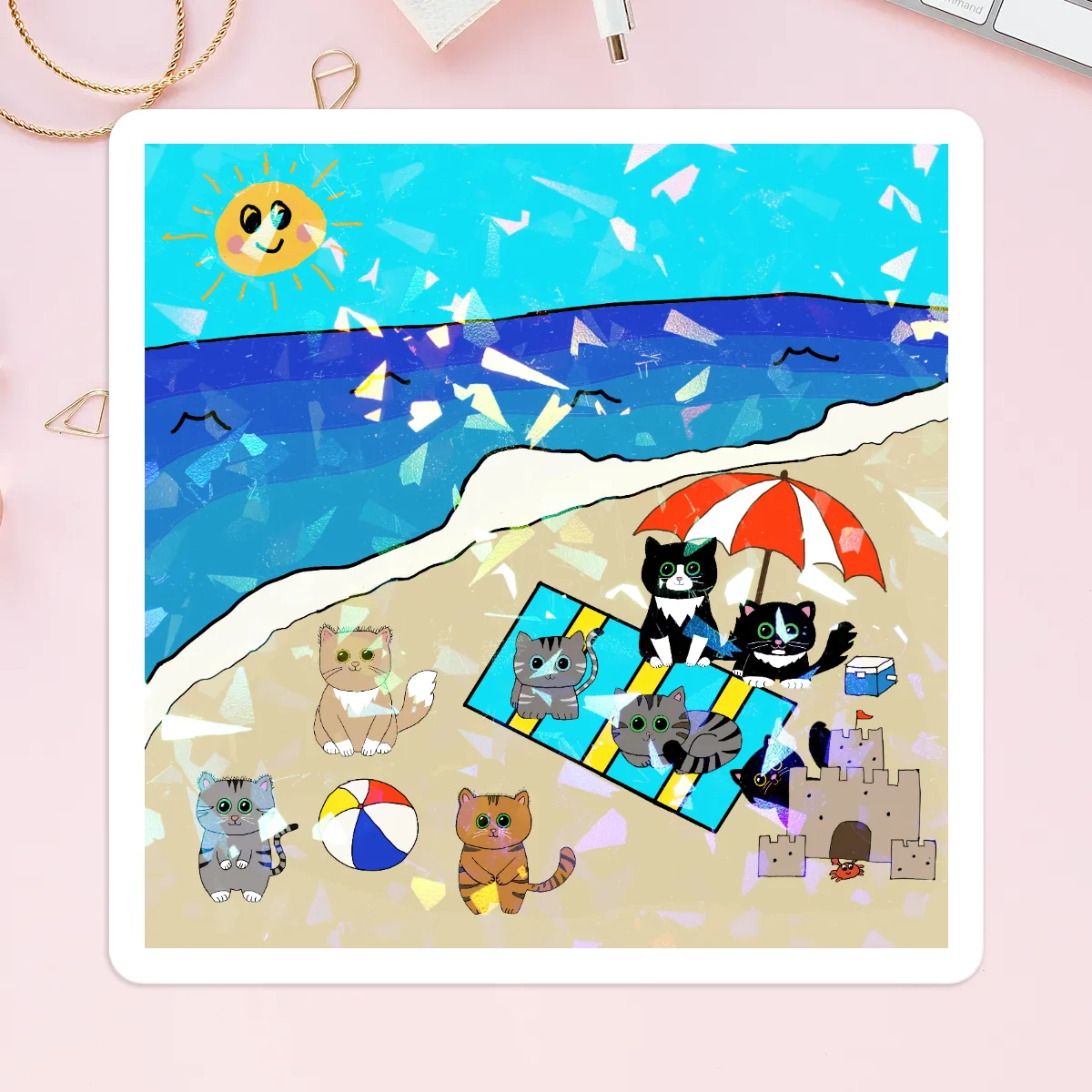 Kawaii Cats Beach Party Custom Vinyl Holographic Stickers