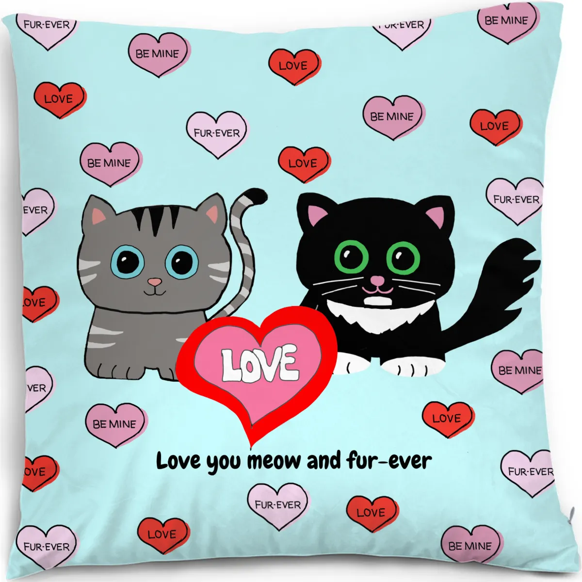 Love You Meow and Fur-ever - Kawaii Cat Couple Mini Hearts Pattern Square Throw Pillow