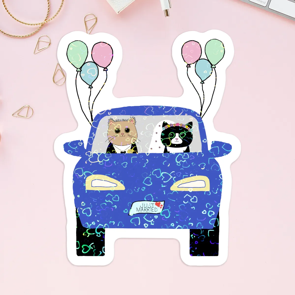 Kawaii Cat Couple / Newlywed's Departure Custom Vinyl Holographic Stickers