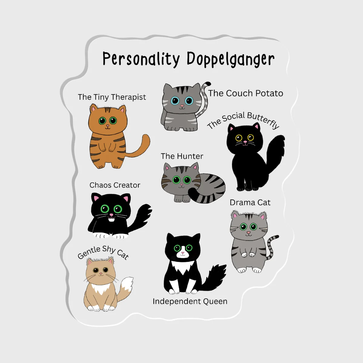 Purr-sonality Doppelgangers |Eight Kawaii Rescue Cat Funny Descriptions Clear Acrylic Fridge Magnets