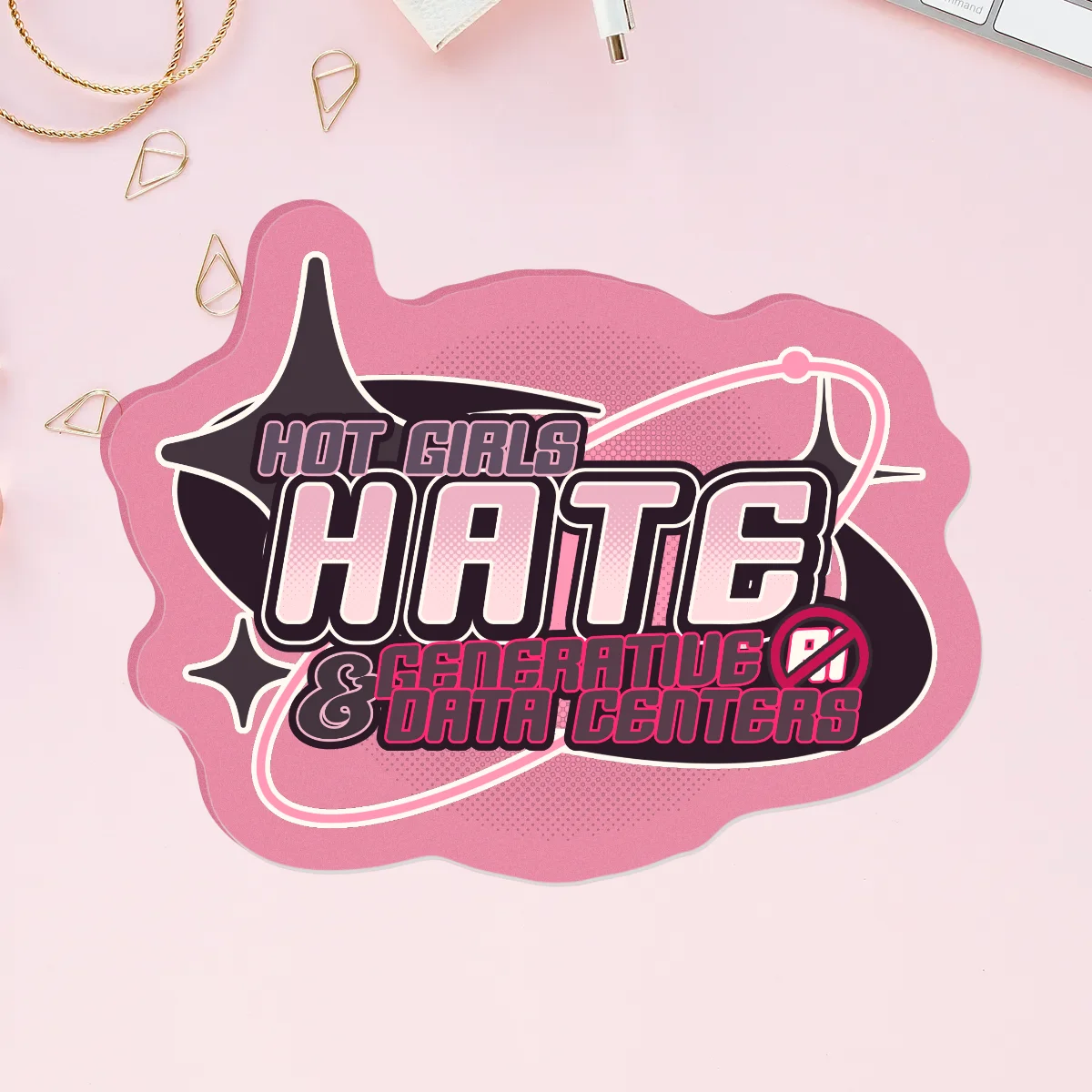 Hot Girls HATE AI & Data Centers!!! Pink Acrylic Pin