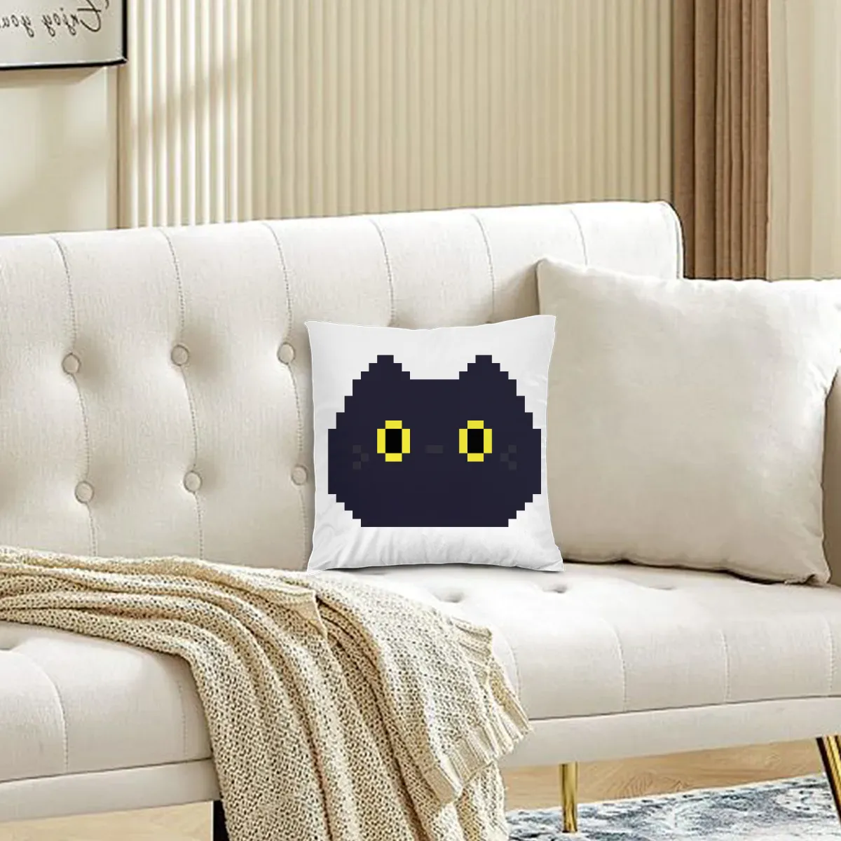 Cute Black Kitten Pixel Cat - Square Throw Pillow