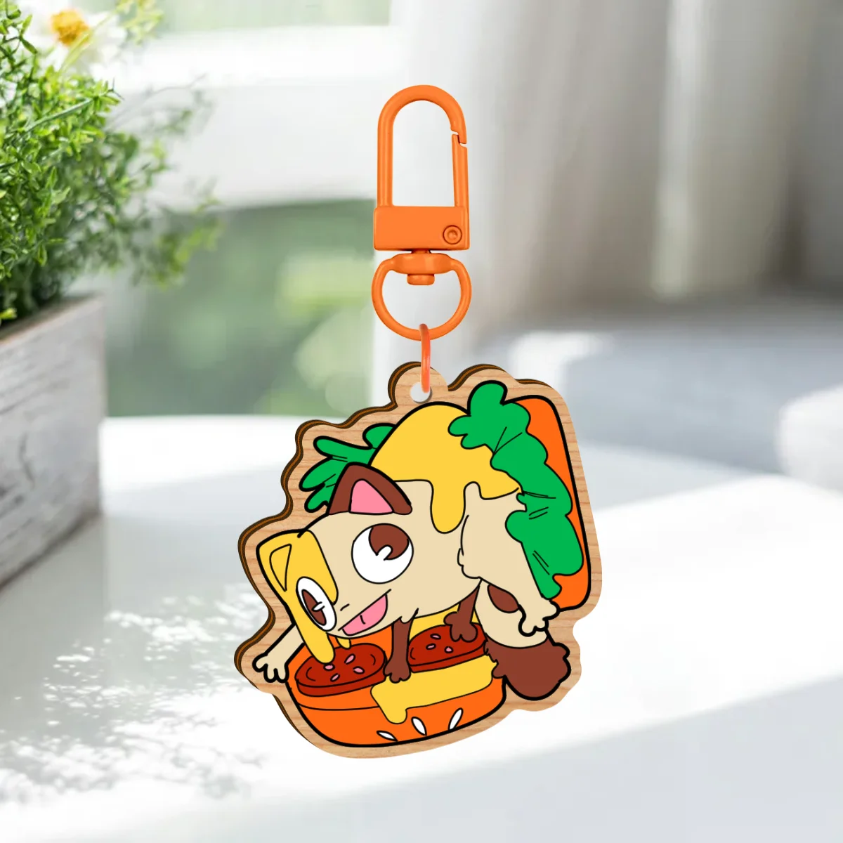 Oops! Burger Spill! Kitty Wooden Soft Rubber Keychain