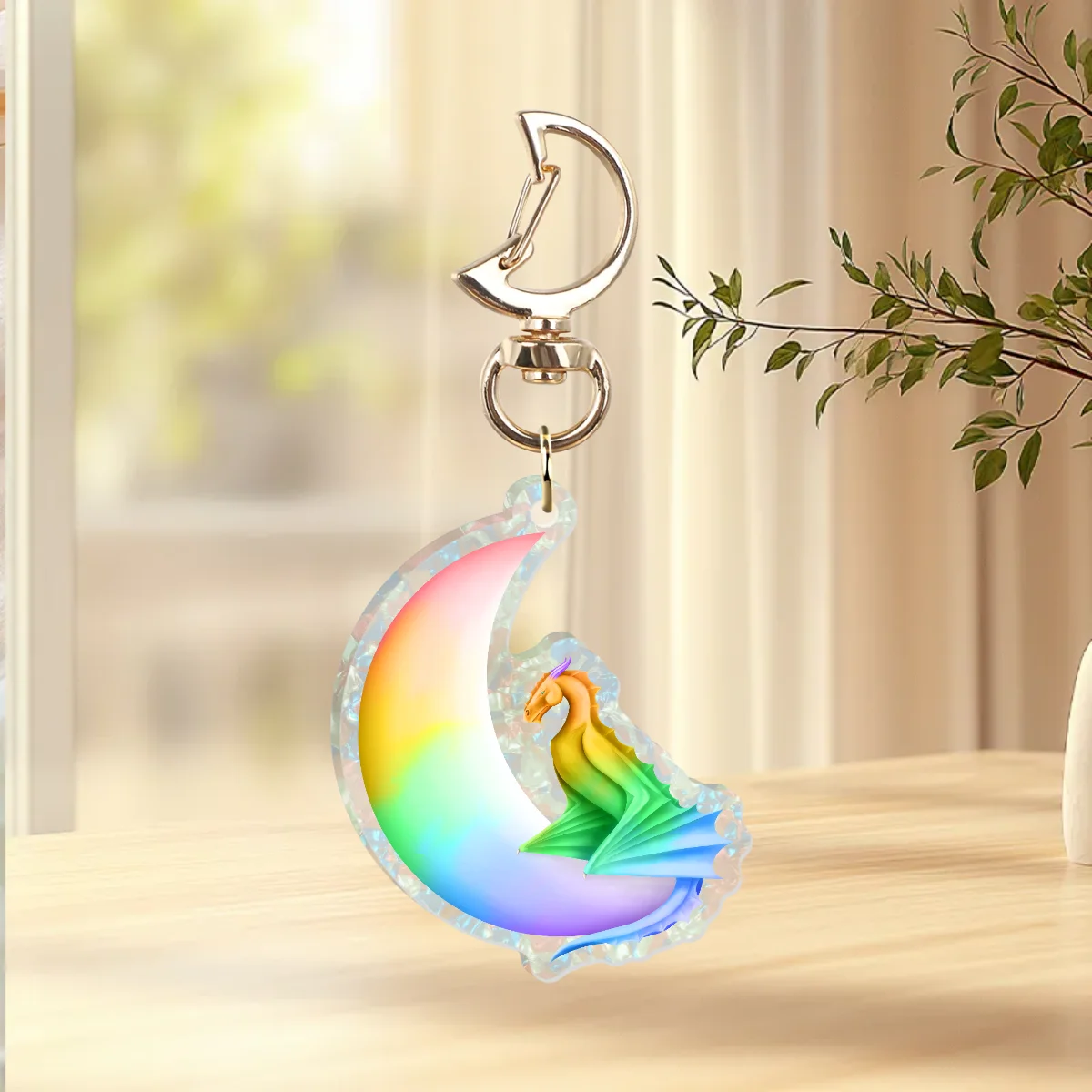 Rainbow Moon Dragon Keychain